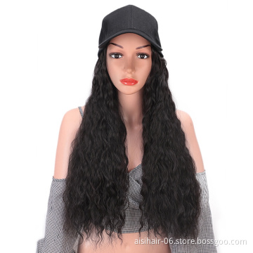 Aisi Hair Baseball Hat with Water Wave Hair Extensions Black Hat with Long Synthetic Hair Extensions for Girls Easy to Wear